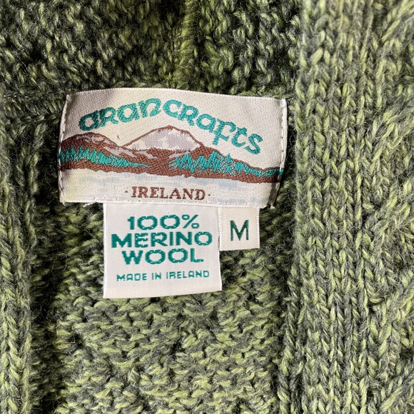 Aran Crafts Cardigan Sweater Womens Medium Green Ireland Merino Wool Cable Knit - Picture 3 of 9